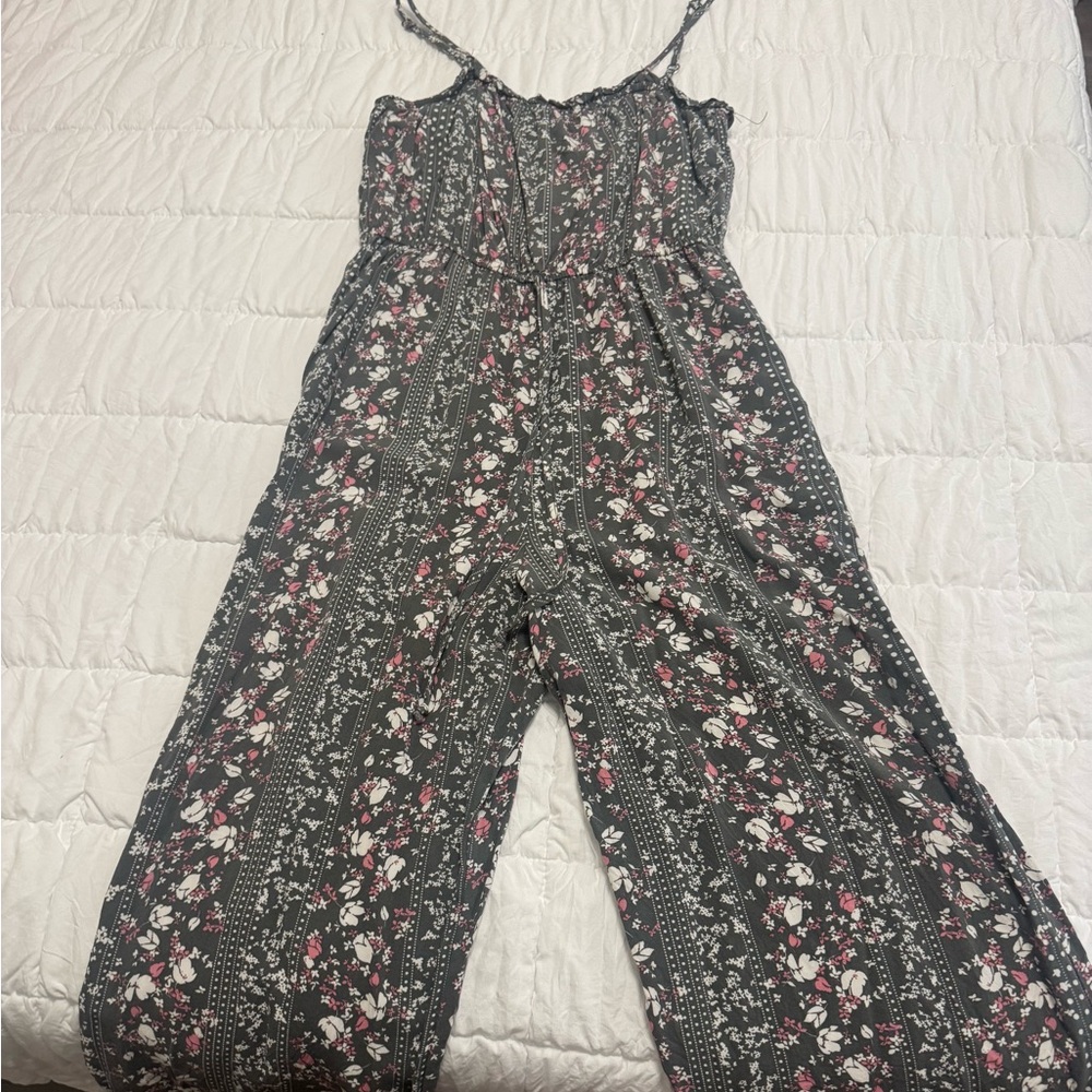AUW Black and Pink Floral Jumpsuit with Spaghetti Straps